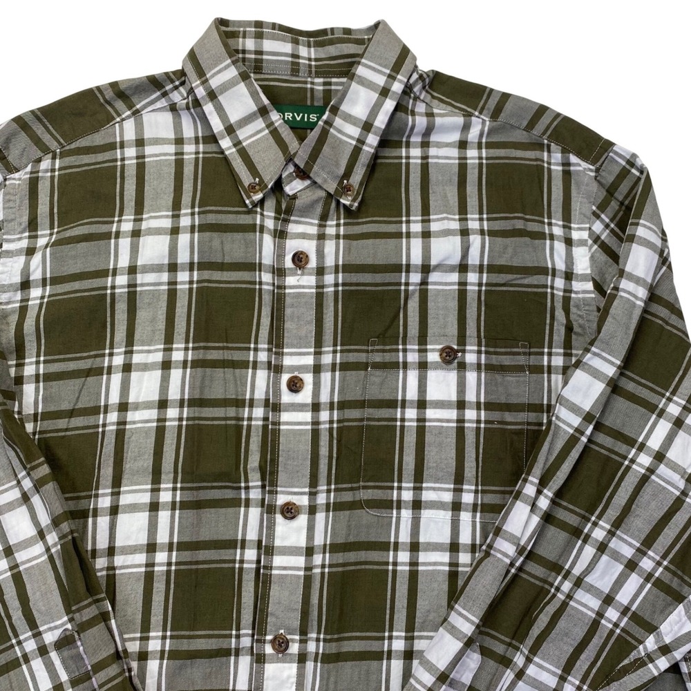 Orvis Button Down Shirt Mens‎ Large Olive Green Plaid Cotton Cashmere Blend